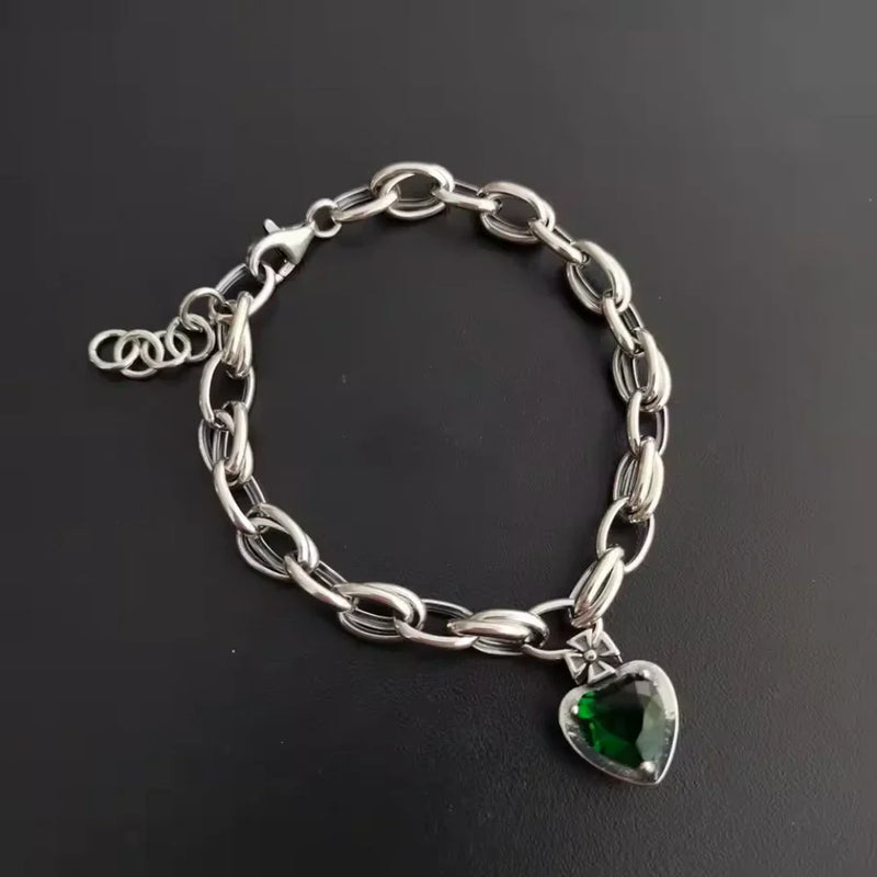 Green Crystal Gemstone Silver Charm Bracelet