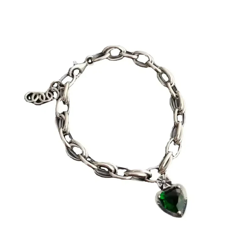 Green Crystal Gemstone Silver Charm Bracelet