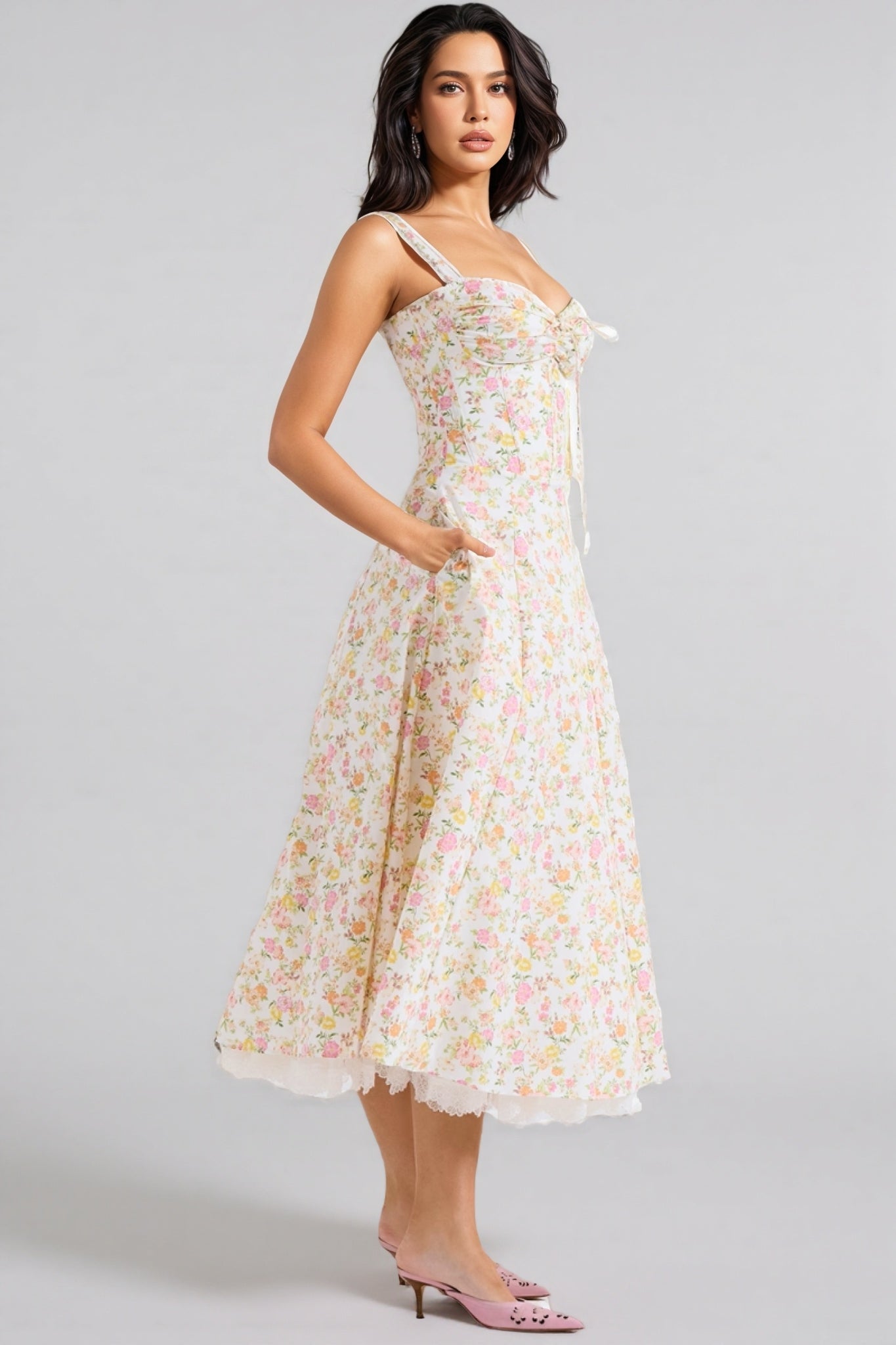 Larkt Meadow Print Cotton Bustier Midi Dress