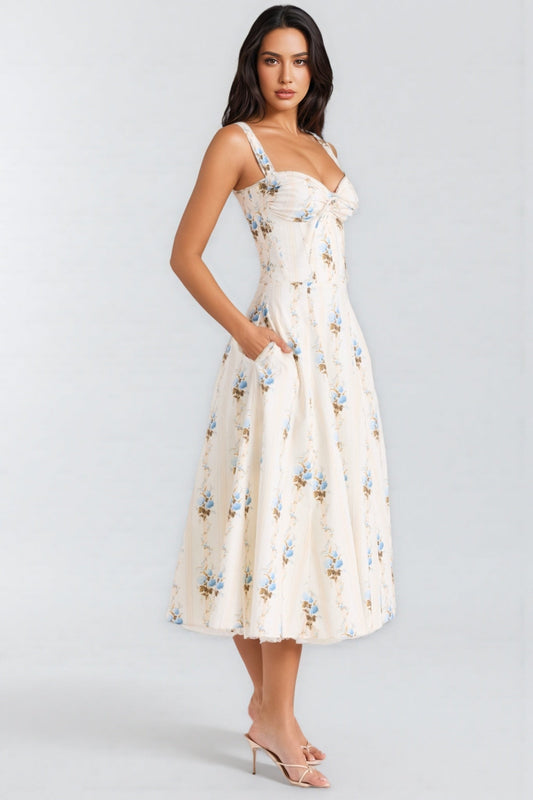 Ariaf Print Cotton Corset Midi Dress