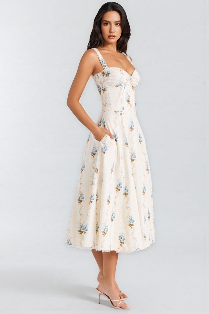 Ariaf Print Cotton Corset Midi Dress