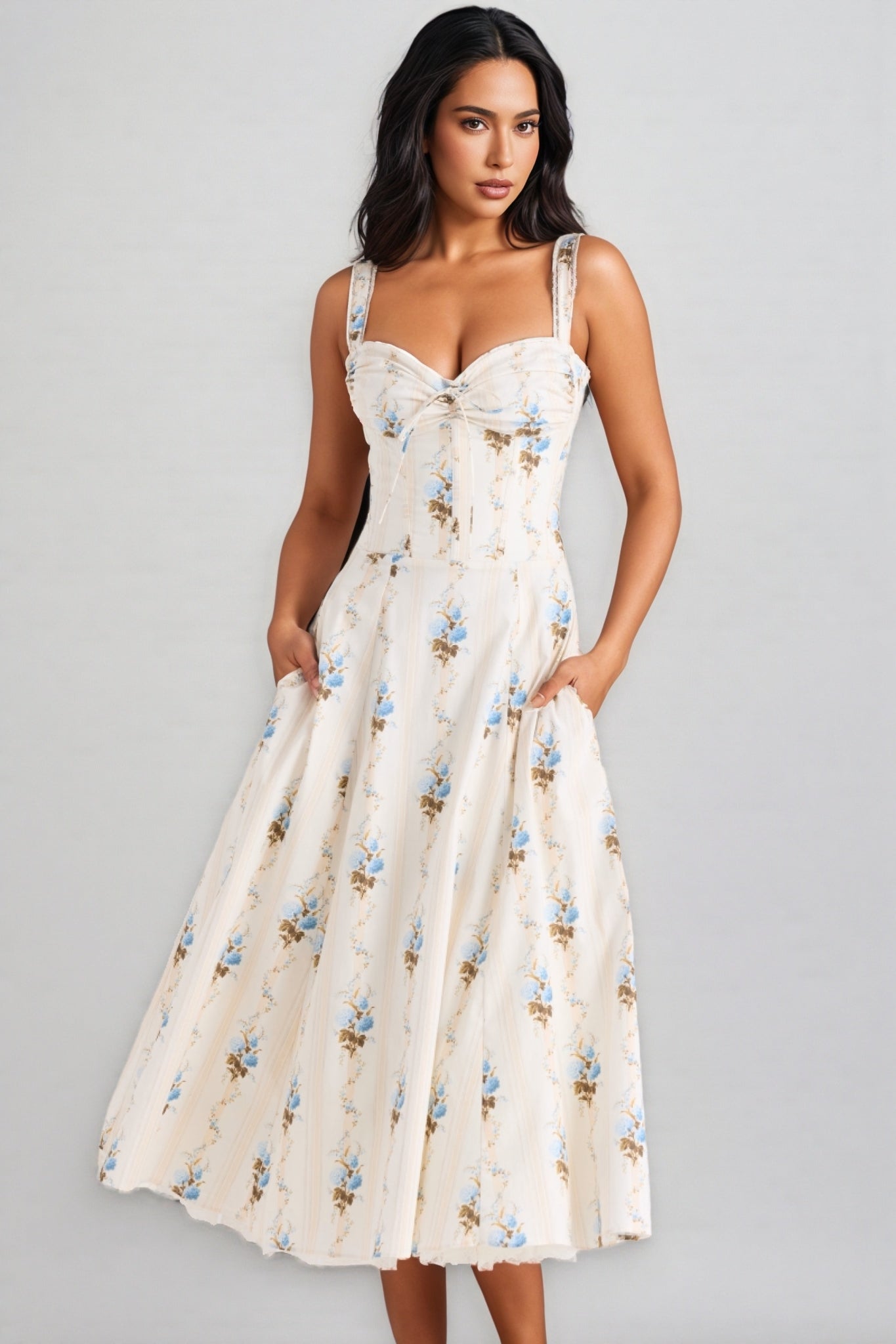 Ariaf Print Cotton Corset Midi Dress