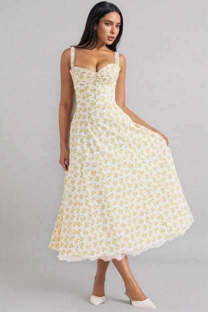 Emork White Print Cotton Midi Dress