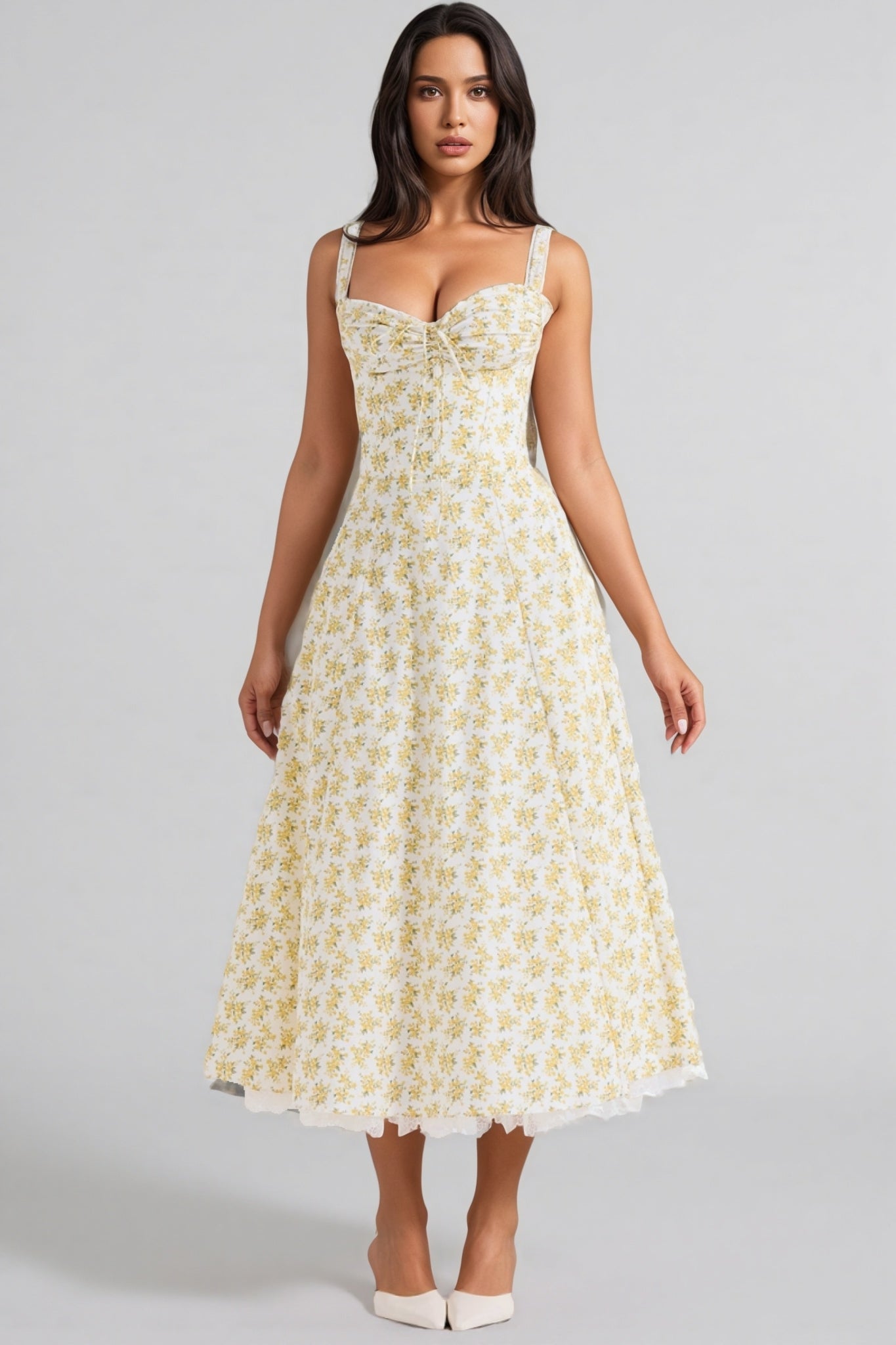 Emork White Print Cotton Midi Dress