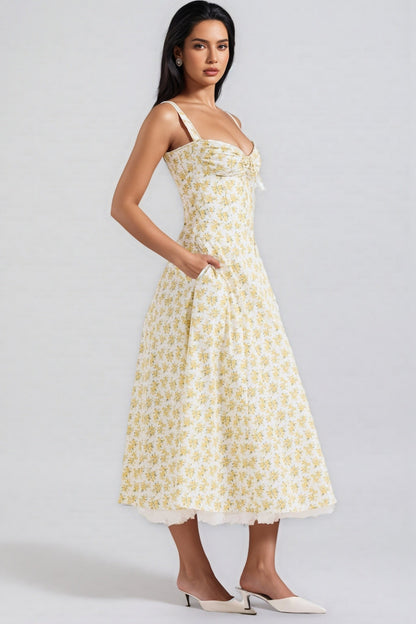 Emork White Print Cotton Midi Dress