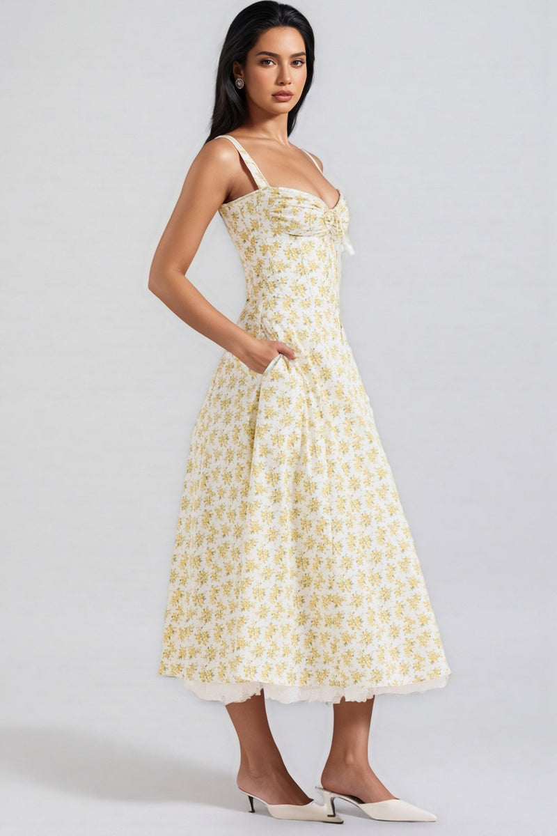 Emork White Print Cotton Midi Dress