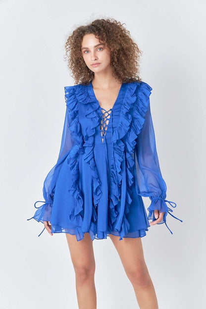 Rosalind Ruffle Tiered Lace Up A-line Mini Dress