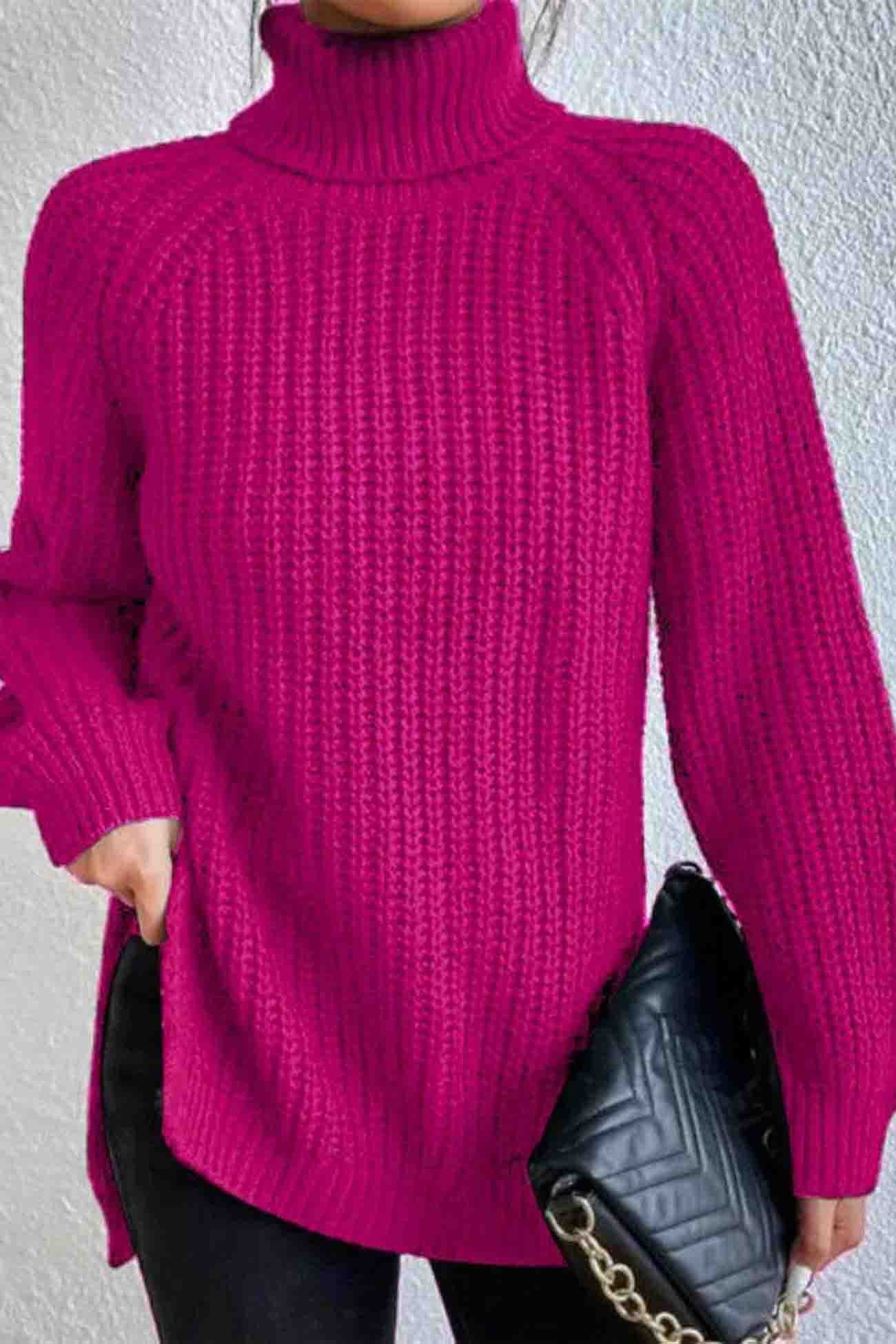 Raglan Sleeve Turtleneck Slit Mid-length Sweater
