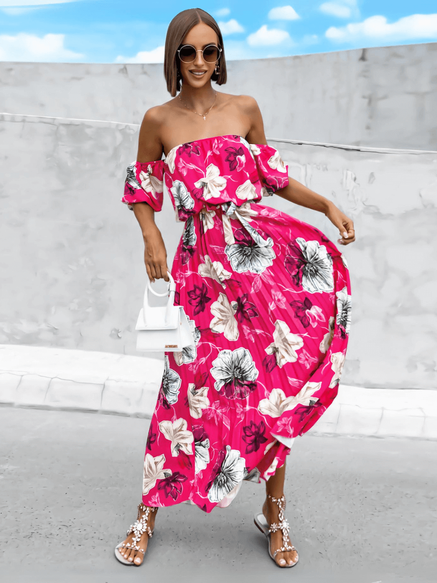 Rosalie Off the Shoulder Plisse Maxi Dress - Rose