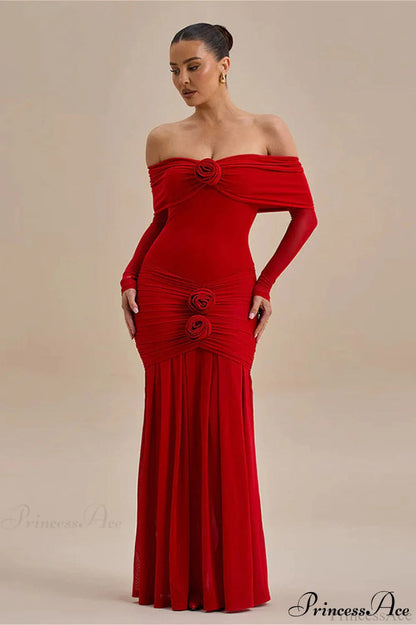 Ruched Off Shoulder Bodycon Maxi Dress