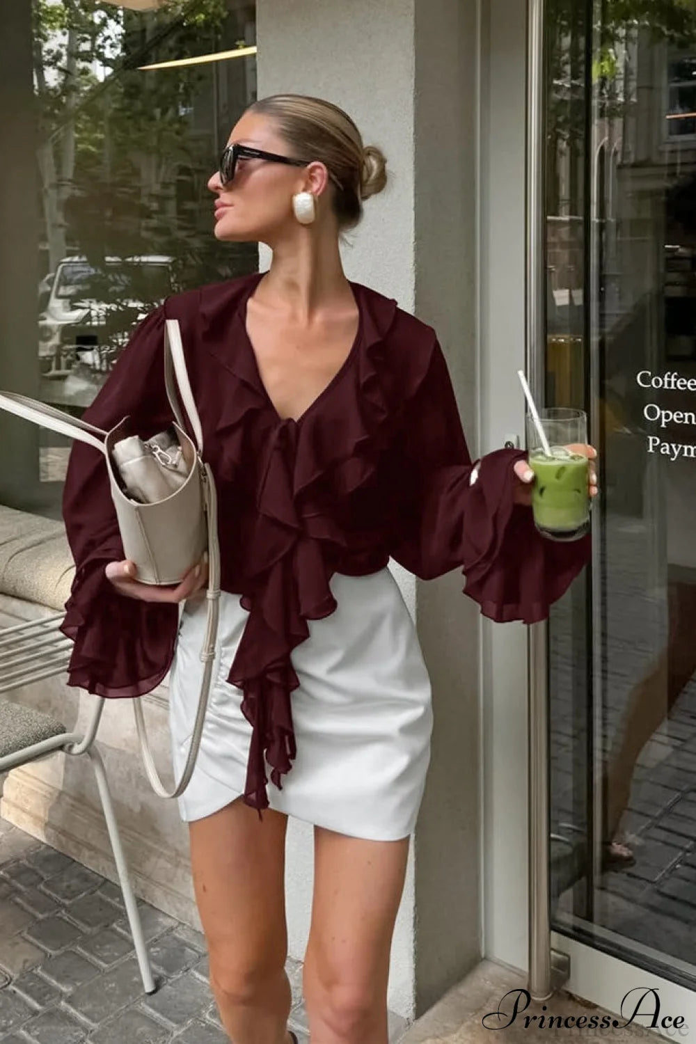 Ruffled V-neck Long-sleeve Tie-waist French Blouse