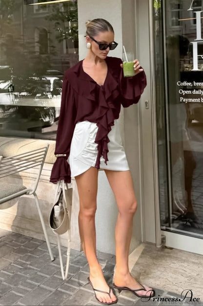 Ruffled V-neck Long-sleeve Tie-waist French Blouse
