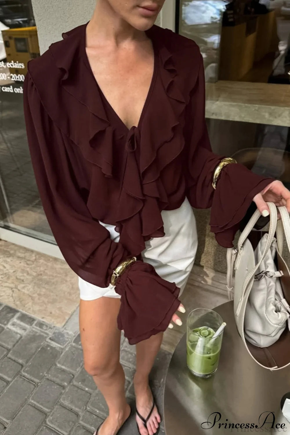 Ruffled V-neck Long-sleeve Tie-waist French Blouse