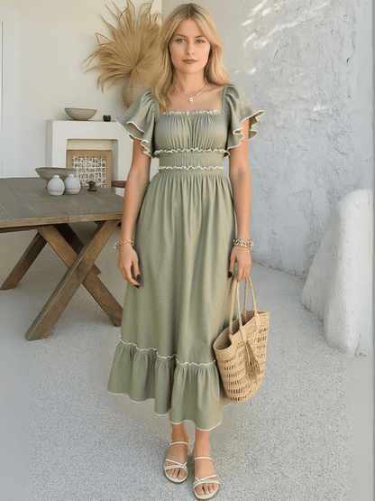 Aubrianna Ruched Contrast Trim Maxi Dress - Sage
