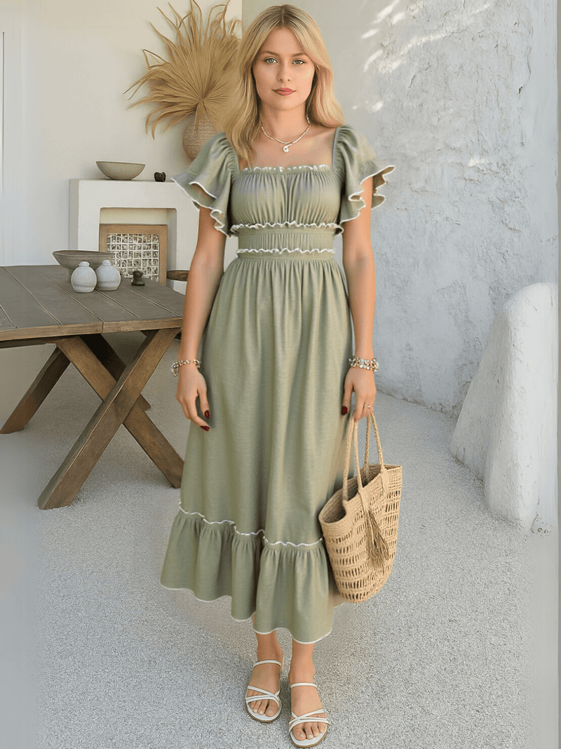 Aubrianna Ruched Contrast Trim Maxi Dress - Sage