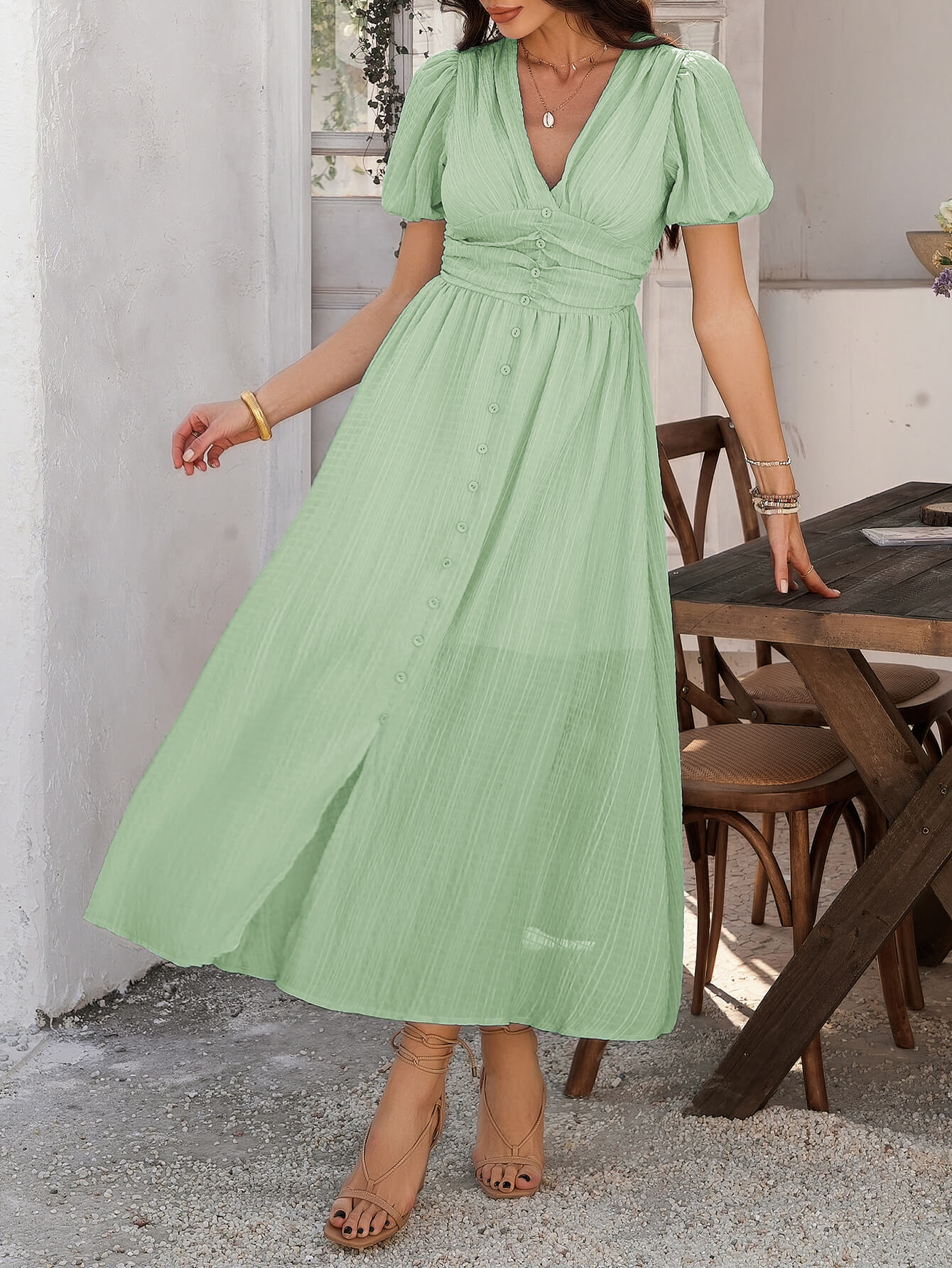 Coriene Short Puff Sleeve Maxi Dress - Sage