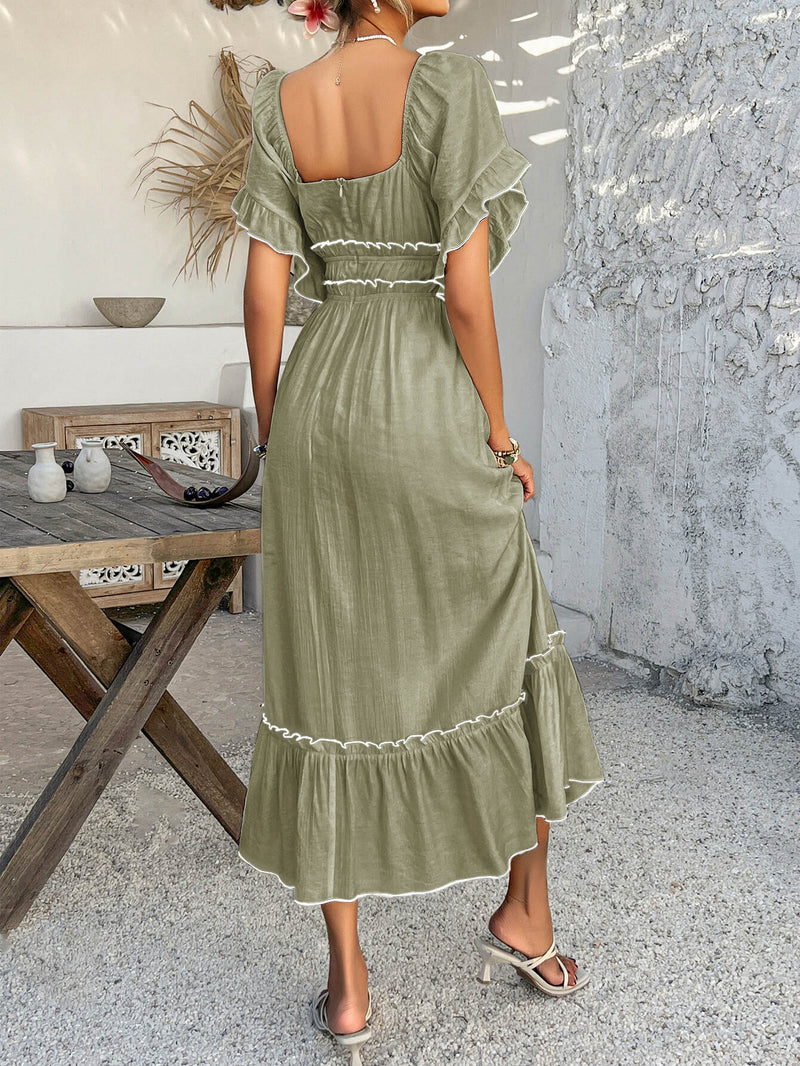 Aubrianna Ruched Contrast Trim Maxi Dress - Sage