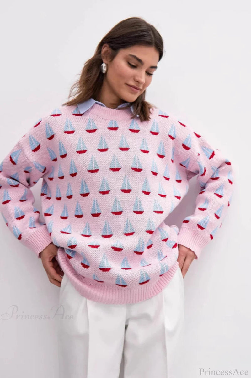 Sailboat Jacquard Loose Lazy Versatile Multi Color Pullover Knit Sweater