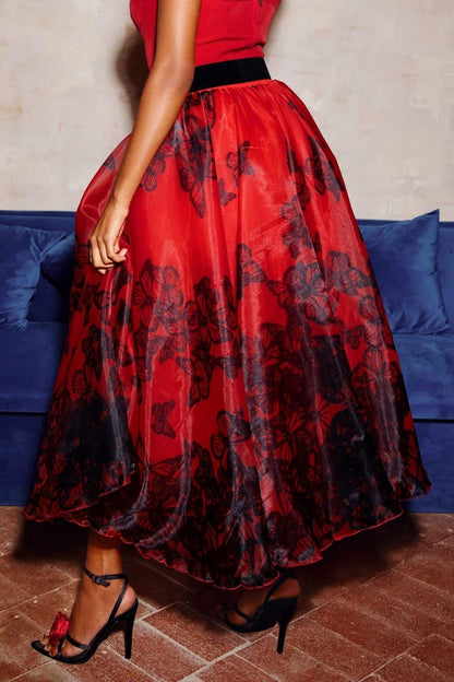 Samantha Butterfly Print Organza Midi Skirt