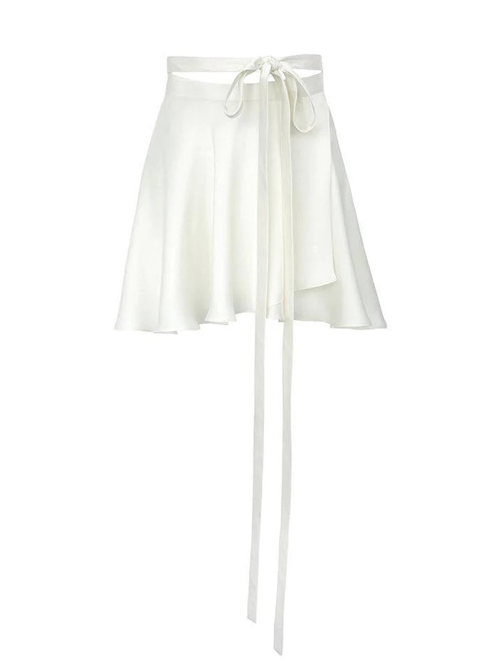 White Satin Lace Up Mini Skirt