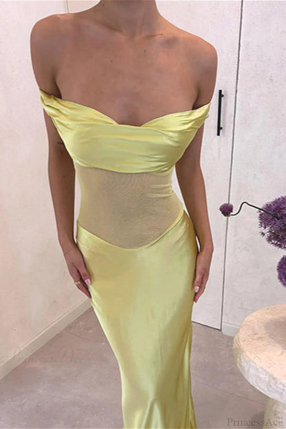 Satin Mesh Off Shoulder Maxi Dress