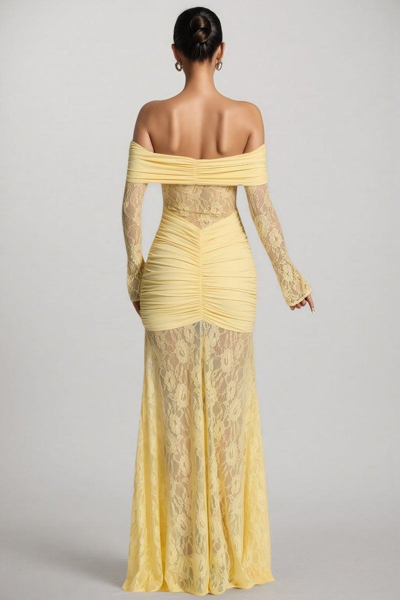 Jonilt Yellow Lace Cut-out Fishtail Maxi Dress