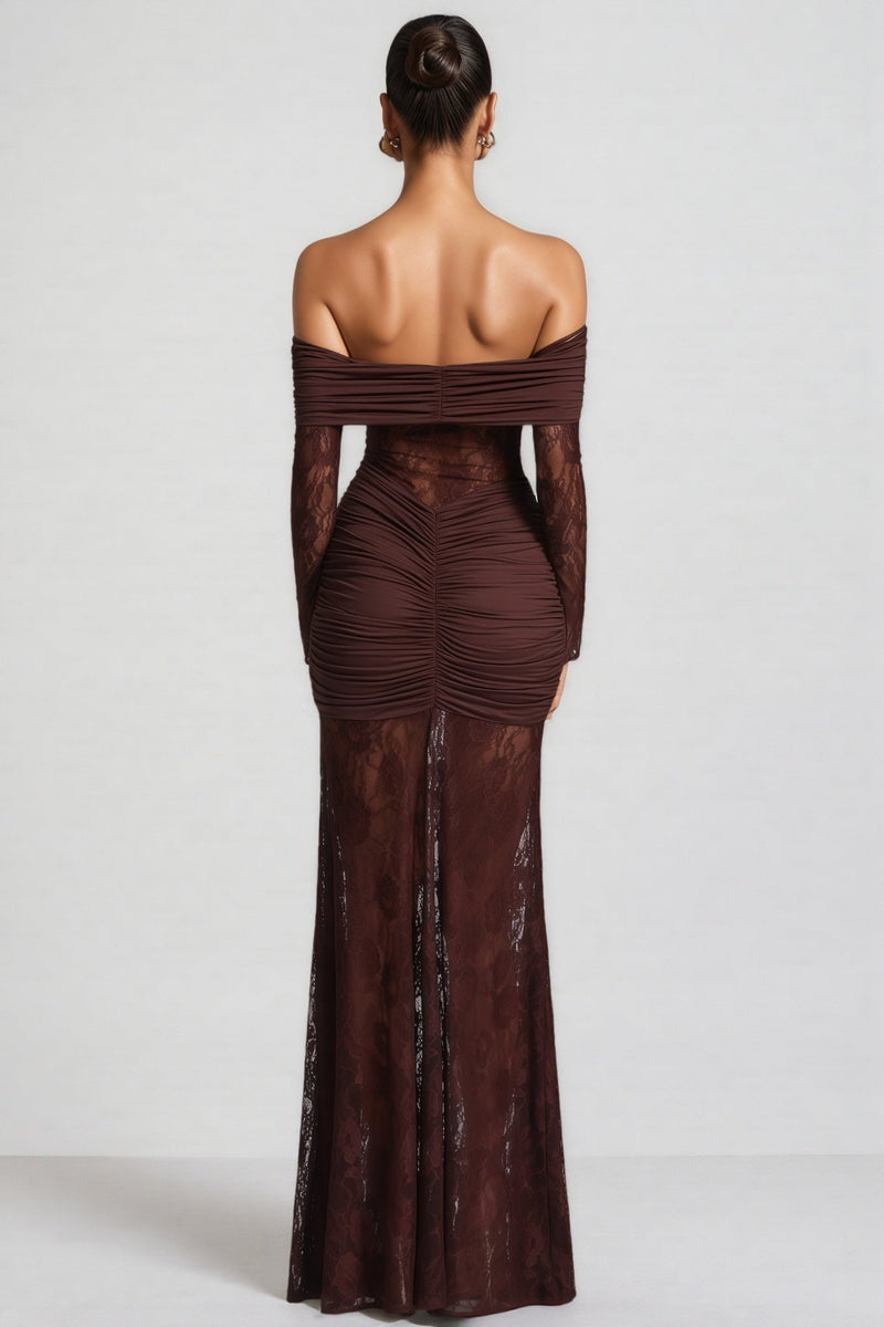 Velally Brown Lace Cut-out Fishtail Maxi Dress