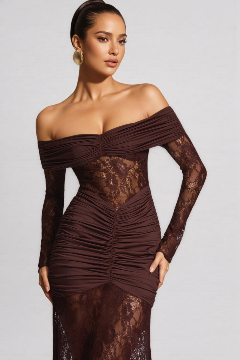 Velally Brown Lace Cut-out Fishtail Maxi Dress