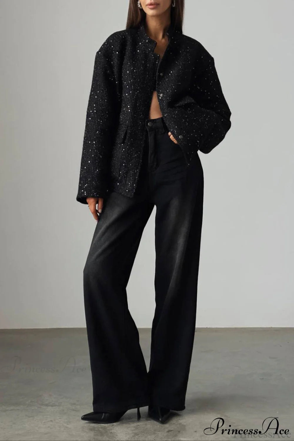 Sequin Metallic Stand Collar Loose Coat