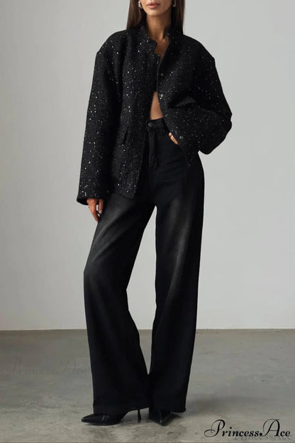 Sequin Metallic Stand Collar Loose Coat