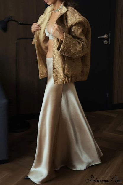 Sequin Metallic Stand Collar Loose Coat