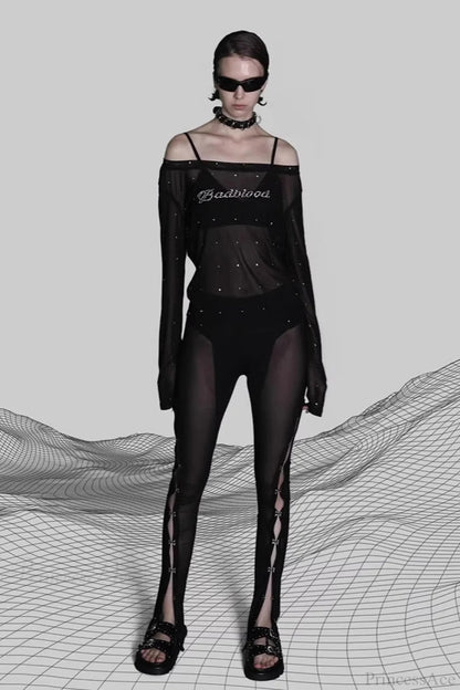 Rhinestone Embellished Off-the-shoulder Tulle Blouse