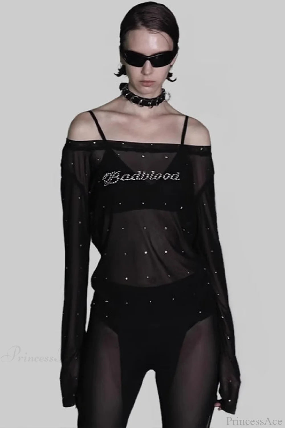 Rhinestone Embellished Off-the-shoulder Tulle Blouse