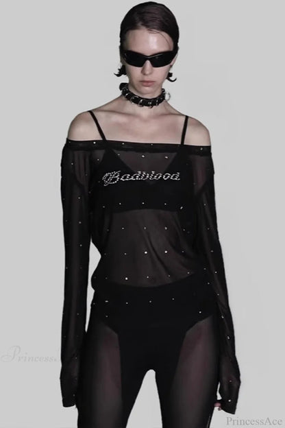 Rhinestone Embellished Off-the-shoulder Tulle Blouse
