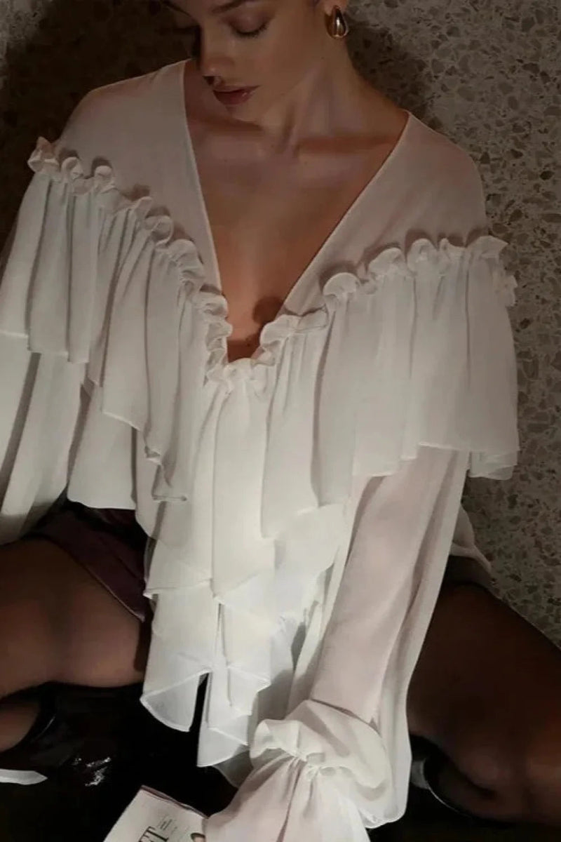 Color Batwing Off-the-shoulder Long Sleeve Blouse