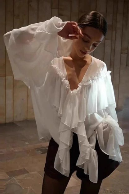 Color Batwing Off-the-shoulder Long Sleeve Blouse