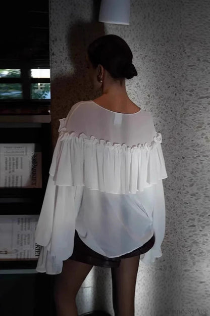 Color Batwing Off-the-shoulder Long Sleeve Blouse