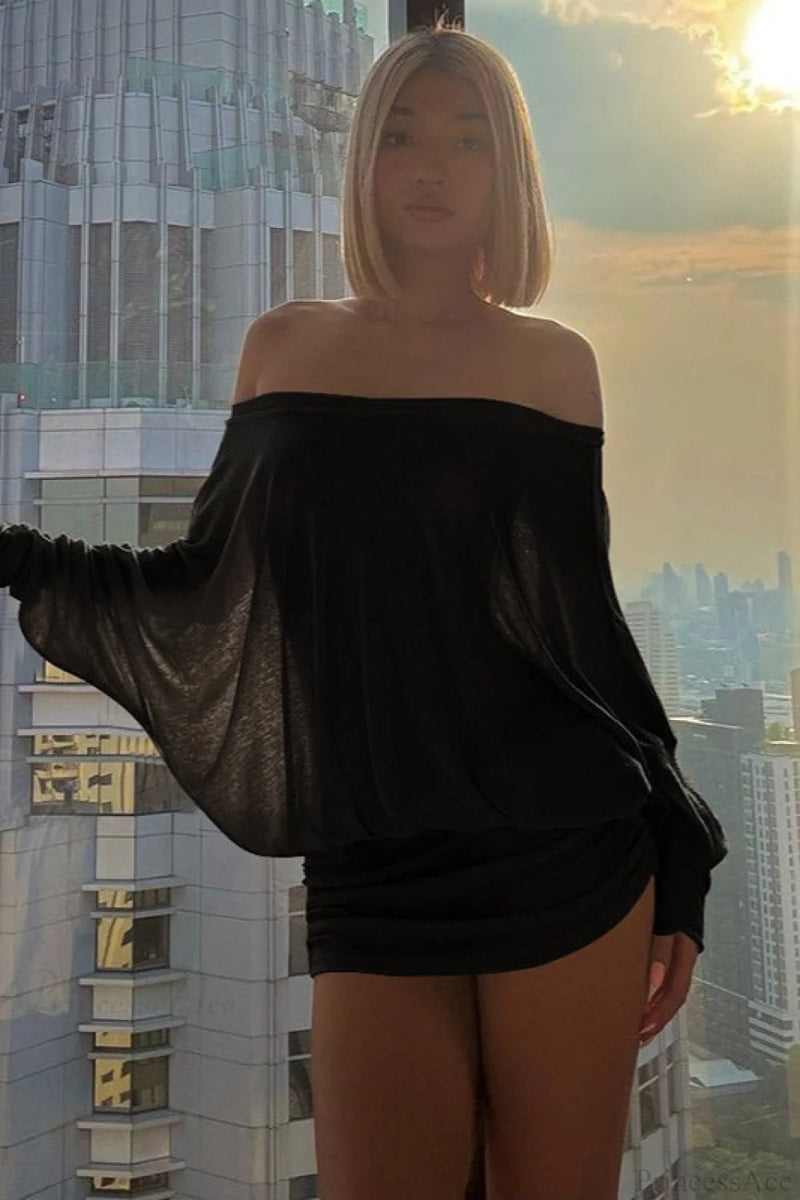 Color Batwing Off-the-shoulder Long Sleeve Blouse