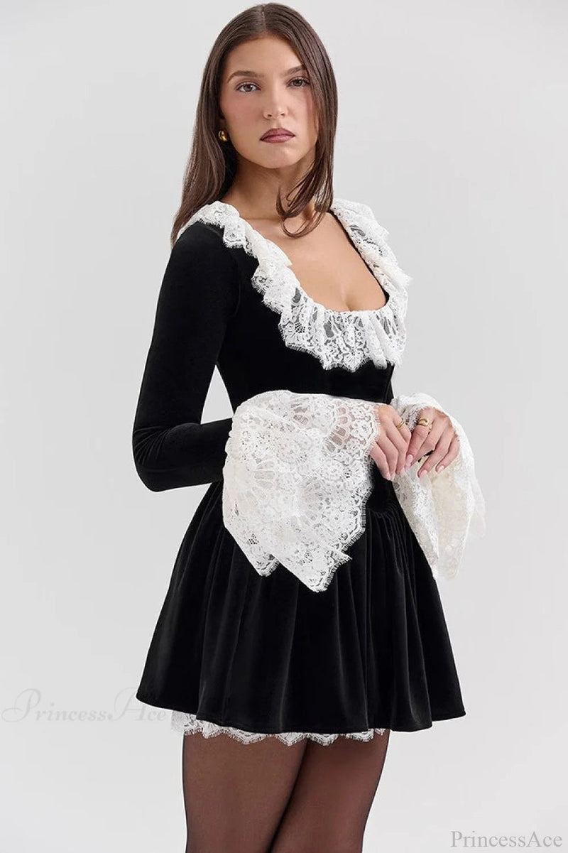 Square Neck Lace Trim Flared Sleeve Mini Dress