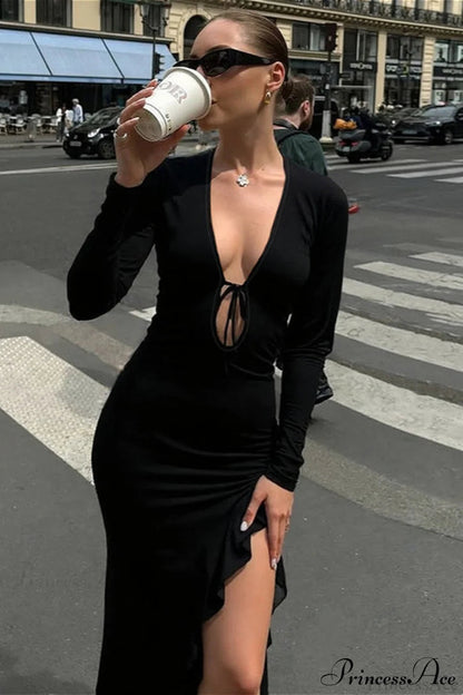U Neck Tie Side Slit Long Sleeve Bodycon Maxi Dress