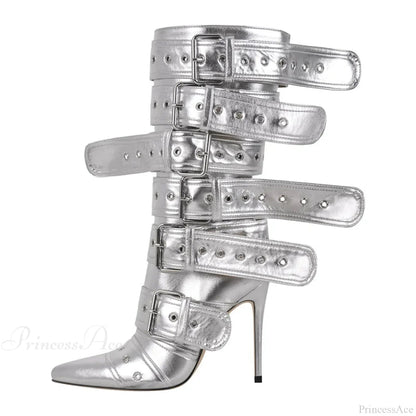 Sharp Toe Mid-calf Clasp Stiletto Boot