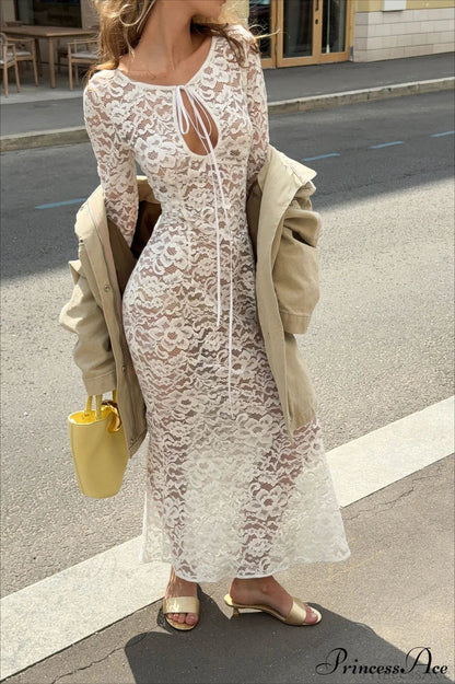 Sheer Round Neck Lace Long Sleeve Maxi Dress
