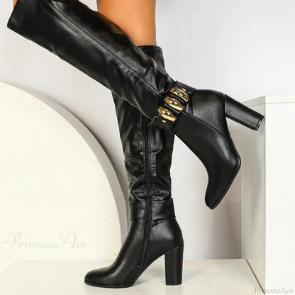 Shiny Leather Dark Over-the-knee Elevated Boot