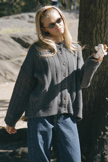 Simple Rib Crewneck Oversized Cardigan Sweater