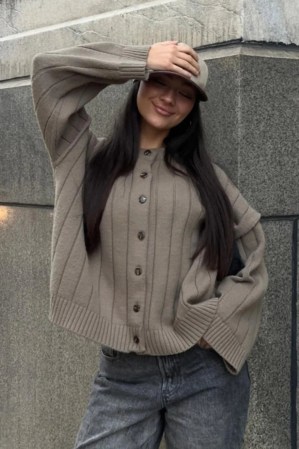 Simple Rib Crewneck Oversized Cardigan Sweater