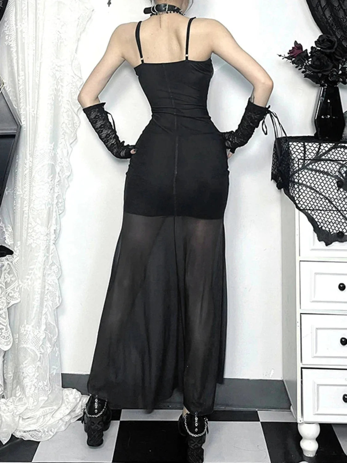 Skeleton Rose Pocket Neck Maxi Dress