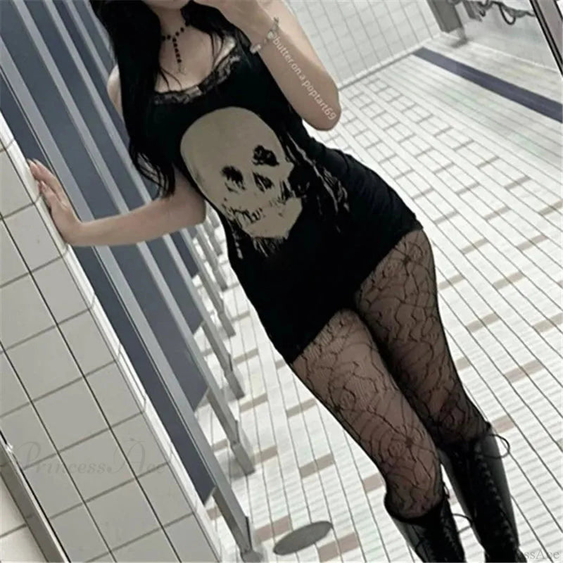 Skull Print Straps Tiny Dress
