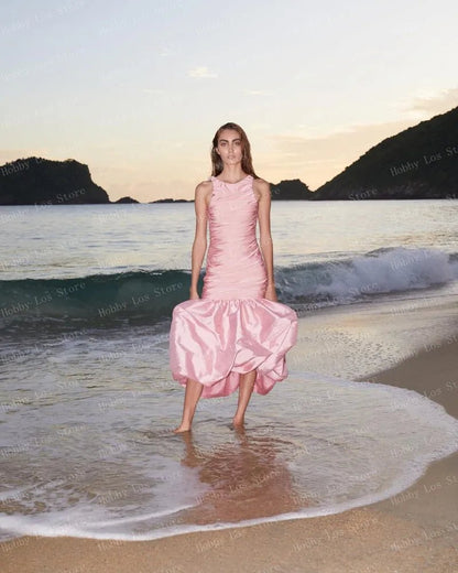 Sleeveless Light Pink Bundage Satin Dress | Mermaid Woman Clothes | Open Back Folds Maxi Long Dresses Ever Gown Customized
