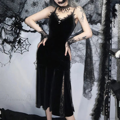 Sleeveless Velour Lace Patchwork Midi Dress