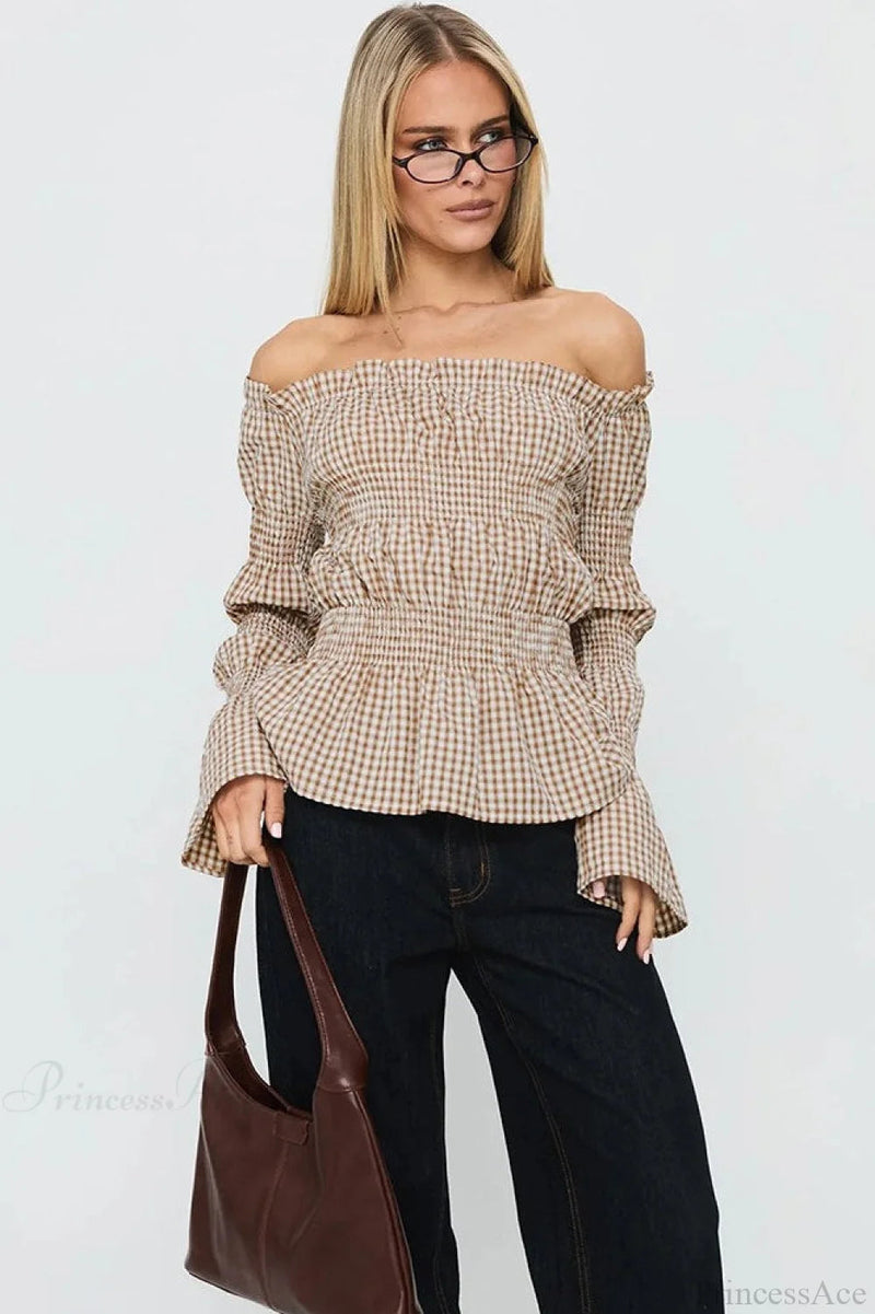 Smocked Plaid Off-the-shoulder Flared Long Sleeve Blouse